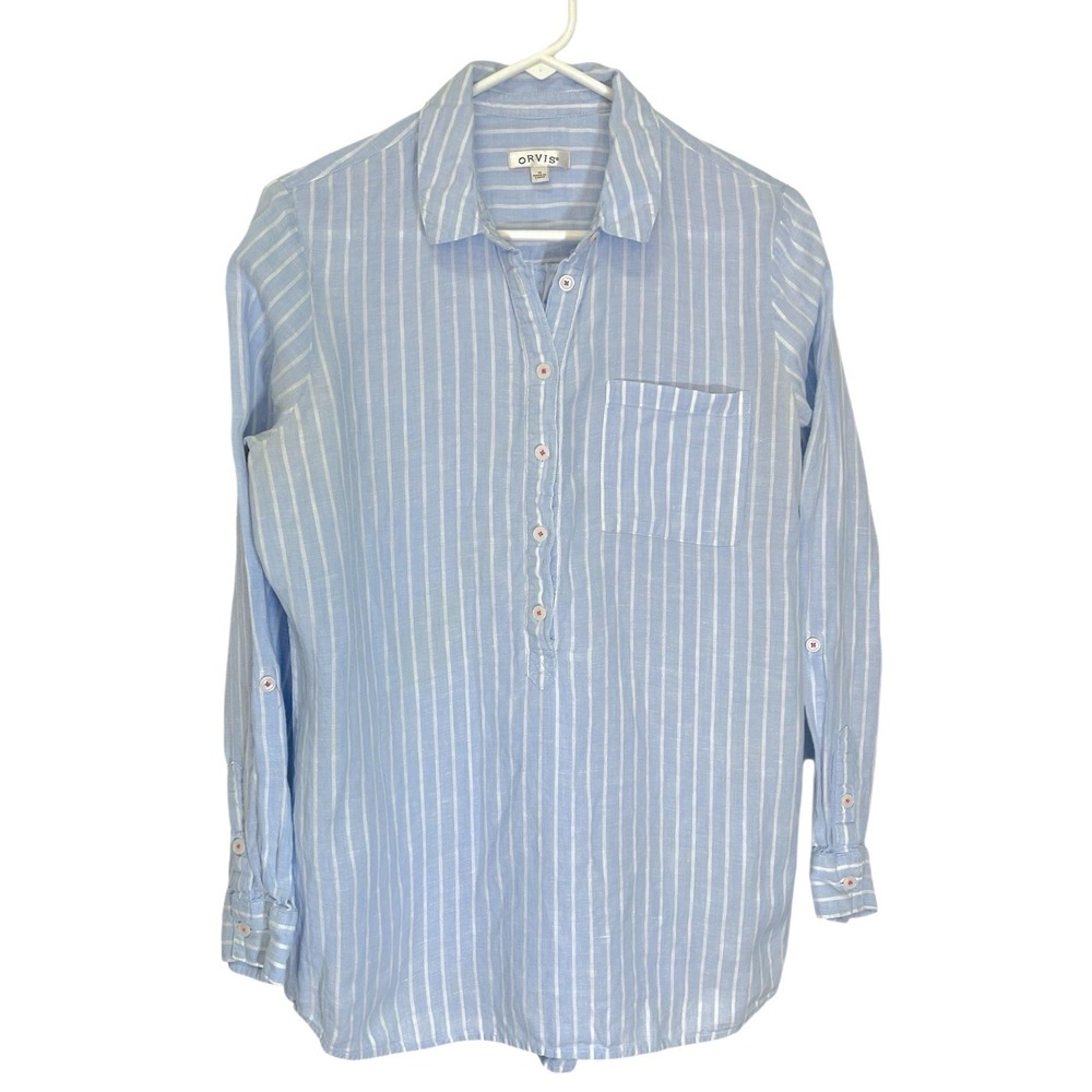 Orvis‎ M Blue Striped Button Up Tunic Roll Tab Sleeve Coastal Nautical Top